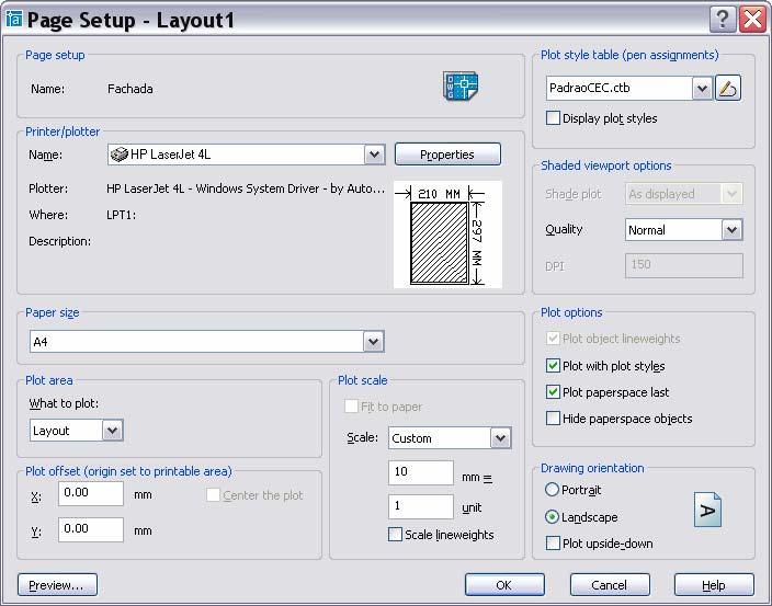 1 3 2 4 1 Escolha a impressora configurada em seu sistema 2 Escolha o tamanho do papel 3 Escolha o estilo de penas para plotagem configurada anteriormente. Para configurar penas clique no botão.