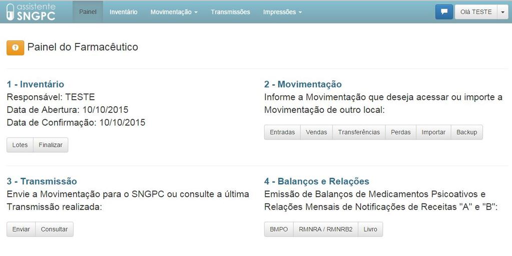 5. Movimentações Após o deferimento da transmissão do inventário inicial será possível realizar as movimentações de entrada, venda, transferência e perda de medicamentos. 5.1.