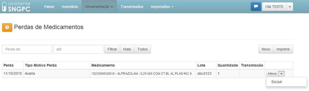 Caso necessário alterar a data, o motivo, a quantidade ou a observação da perda, basta clicar no botão Alterar na página Perdas de medicamentos, mas, caso seja necessário
