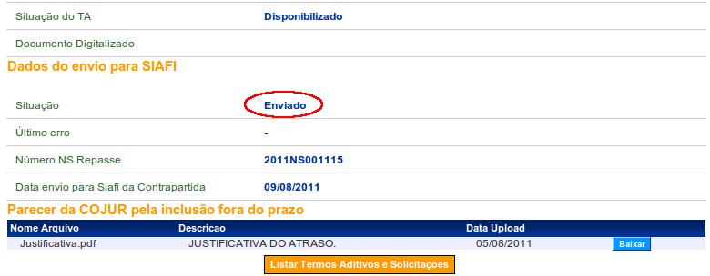 Figura 70 A situação do Termo Aditivo, neste exemplo, é alterada para Publicação Registrada, e o