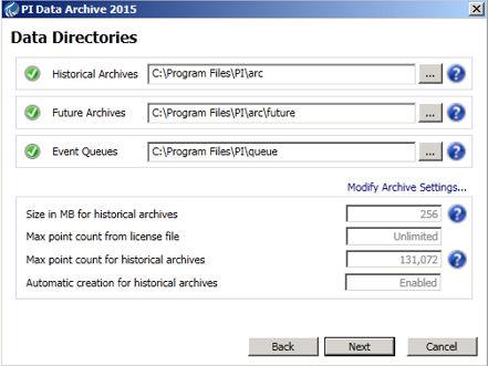 Instalar um servidor PI Data Archive 9. Especifique a localização dos arquivos de histórico, archives de dados futuros e filas de eventos de acordo com a planilha de instalação.