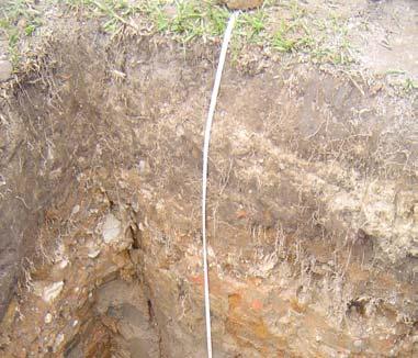 A caracterização geológica do local dos ensaios foi feita através de sondagens diretas por meio de furos a trado e abertura de trincheira na campanha de abril/2004.