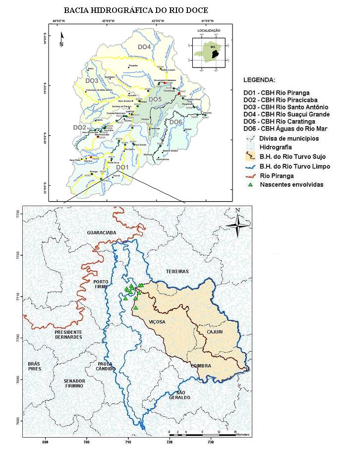 Figura 1 Bacia Hidrográfica do Rio Doce com destaque para as bacias dos Rios Turvo Sujo e Turvo Limpo e para as nascentes envolvidas na pesquisa. Projeção: UTM, zona 23S
