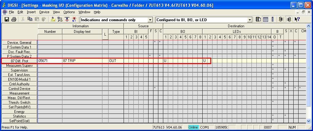 O sinal de trip da função 87 será direcionado para a binária de saída BO1 do relé. Para facilitar o monitoramente desse teste o led 1 foi designado para essa função.