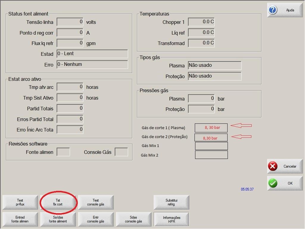 Ver imagem a seguir: -Em sistemas com console de gás manual Verificar pressões na tabela de corte e setar pré fluxo e plasma (chave 7).