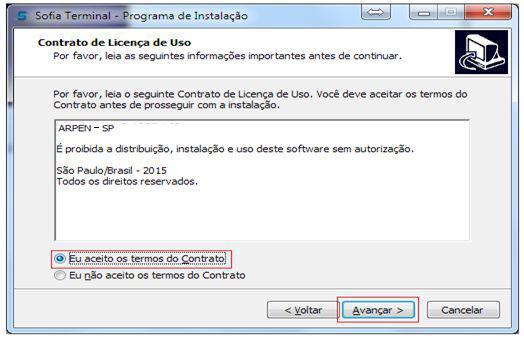 Leia o Contrato de Licença de Uso, clique na opção Eu aceito os termos do