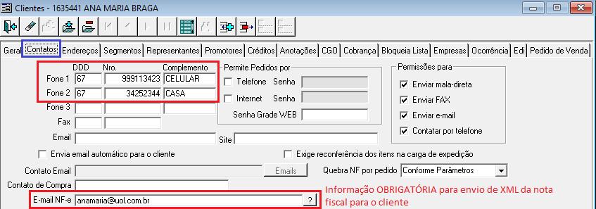 Após retornar para a tela principal, deverá complementar as informações com número e complemento: Aba Contatos: