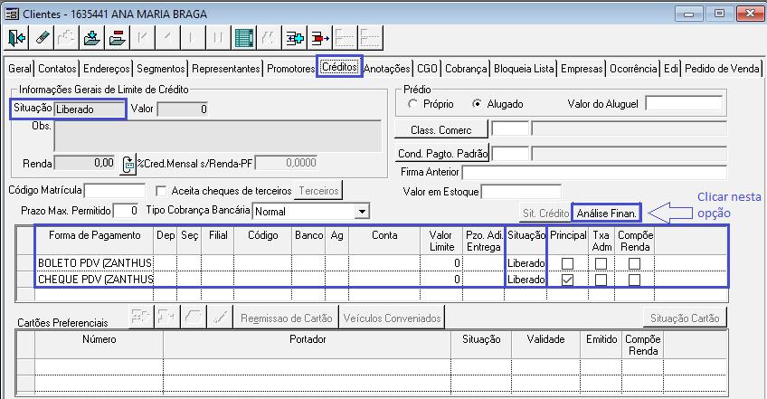 Será somente para consulta de informações como forma de pagamento liberado para o cliente, limite total e como