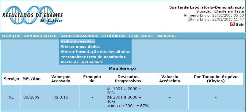 1 Dados do Serviço Permite consultar os dados dos serviços habilitados para o laboratório,