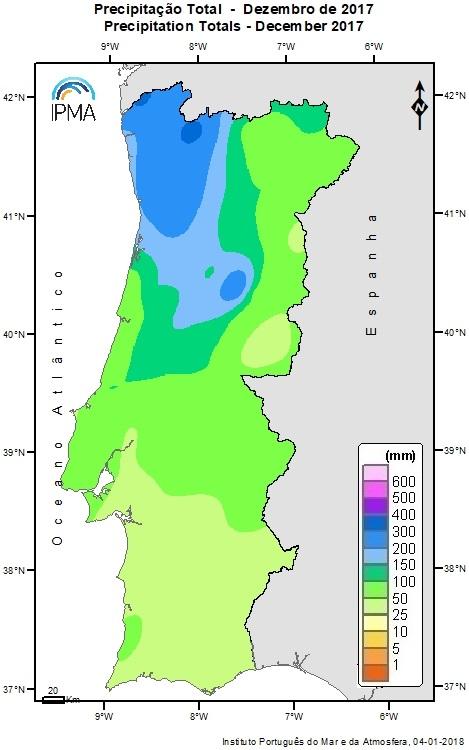 PRECIPITAÇÃO Em dezembro o valor médio da quantidade de precipitação, em Portugal continental, foi cerca de 68 % do normal, classificando-se este mês como seco.