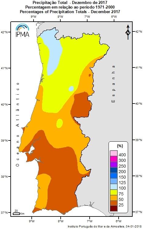 Nos últimos 7 anos o valor médio da quantidade de precipitação em dezembro foi sempre inferior ao valor normal (1971-2000) e desde 2001 apenas 3 anos registou valores de precipitação acima do valor