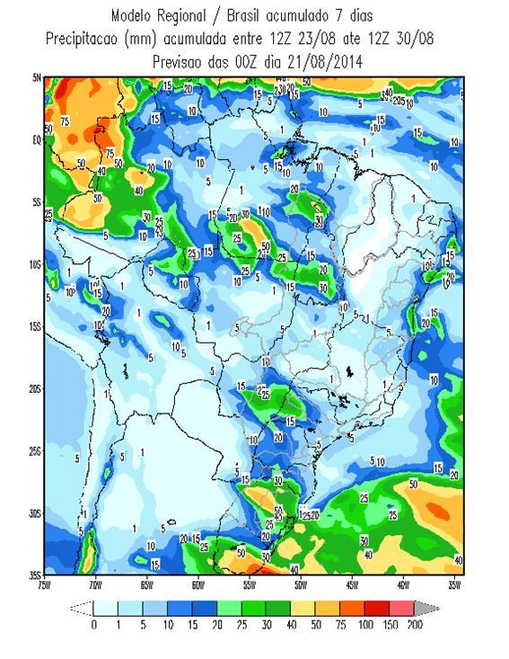 Na semana entre 16 e 22/08/2014, ocorreu chuva fraca nas bacias dos rios Uruguai e Jacuí, e chuva fraca isolada na bacia do rio Iguaçu.