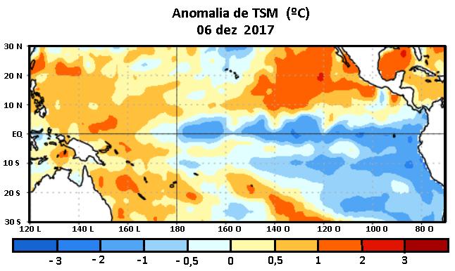A La Niña se fortaleceu nos últimos meses, conforme indicam as temperaturas nas camadas superficiais do Oceano, TSM, que apresentam um padrão cada vez mais proeminente abaixo da média no Oceano