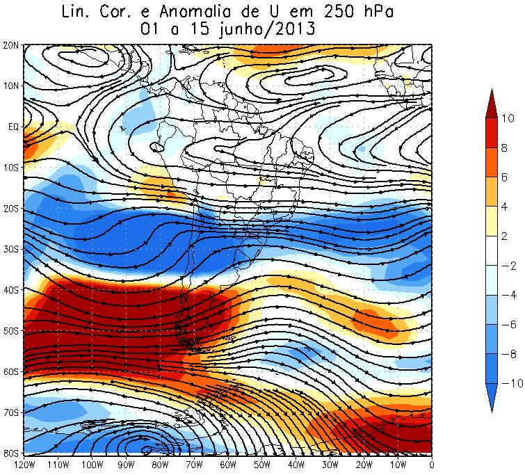 B) C) Figura 9: Linhas de corrente e anomalia da componente zonal do vento em 250 hpa para o mês de junho de 2013 (A) e, Linhas de corrente e anomalia da componente zonal do vento em 250 hpa