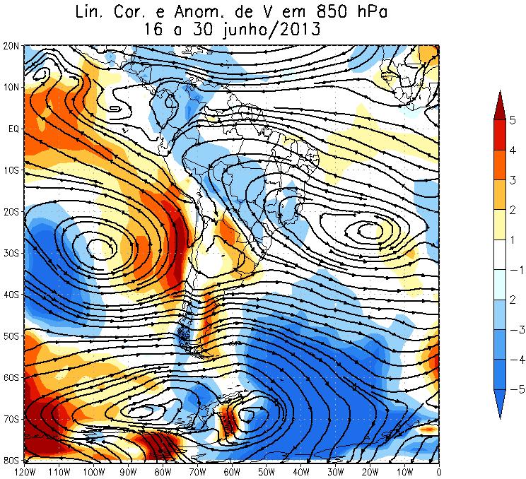 corrente e anomalia da componente meridional do vento em 850 hpa quinzenal no período de 1 a 15/06 (B) e de 16 a 30/06 (C). 4.