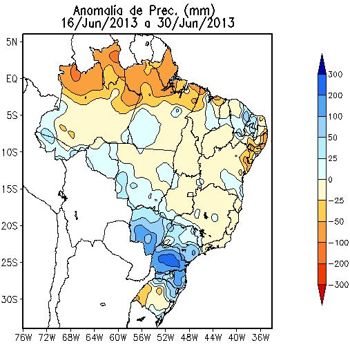 No Sul a temperatura ficou dentro da média climatológica em grande parte da Região, mas apresenta valores pontuais negativos de até 3C no nordeste do PR e