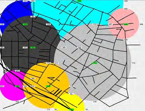 1 é apresentado um mapa viário para a cidade fictícia que é simulada neste trabalho com e sem cobertura de uma rede em malha sem fio.