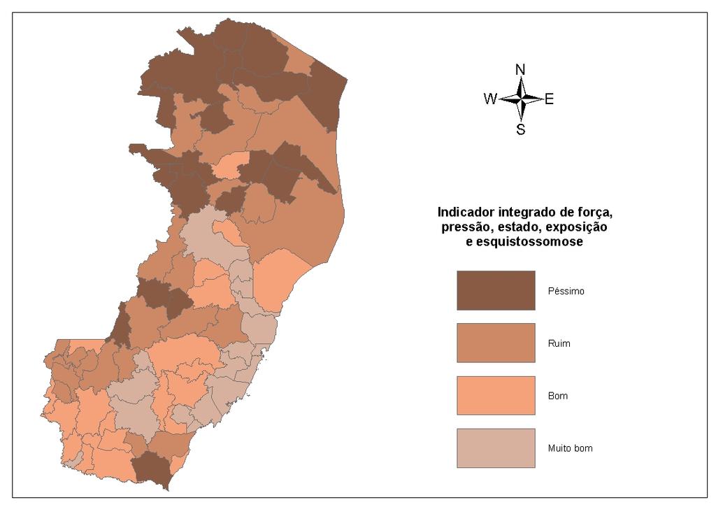 Figura 8. Indicador integrado de saúde e ambiente para esquistossomose segundo município. Espírito Santo.