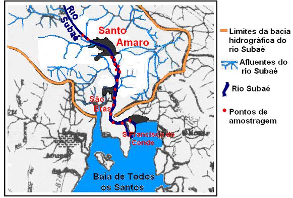 Figura PROT V-2: Pontos de amostragem de sedimentos no rio Subaé, Santo Amaro da Purificação-BA, 2003.