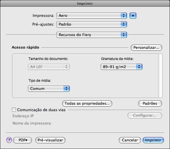 IMPRESSÃO NO MAC OS X 30 7 Escolha Recursos do Fiery na lista suspensa.