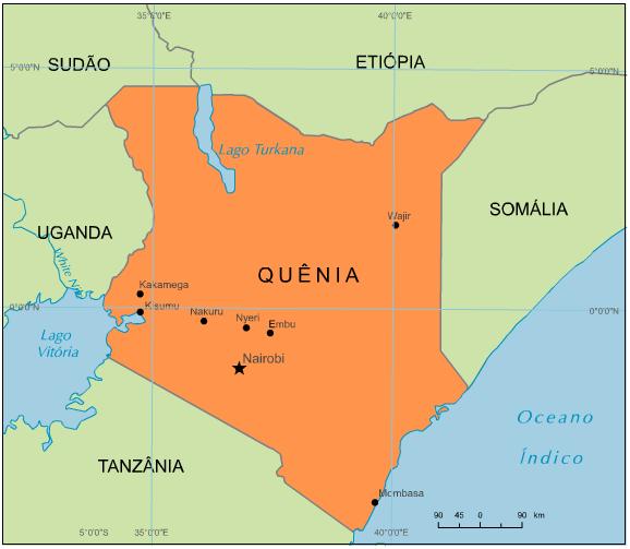 Dados Básicos Localizado na África Oriental, o Quênia faz fronteira com a Tânzania, Uganda, Sudão, Etiópia e Somália e limita-se ao sul com o Oceano Índico.