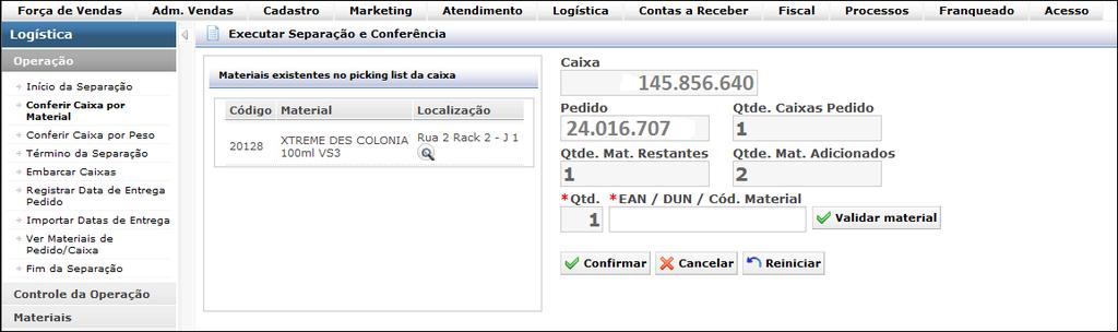 Vamos utilizar um exemplo: O total do pedido 24.016.707 é de R$ 181,04. No momento da separação, vemos que o produto 20.128, Xtreme Des. Colônia 100ml VS3, no valor de R$ 46,74, está faltando.