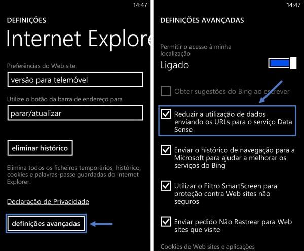 A activação desta opção no Internet Explorer é feita dentro das definições deste browser. Acedam às definições avançadas e aí dentro escolham a opção Reduzir a utilização de dados.