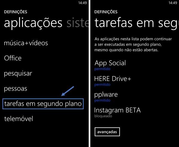 É possível aos utilizadores do Windows Phone definir quais as aplicações que têm autorização para correr em segundo plano. Podem escolher quais as pretendidas e quais as que querem bloquear.