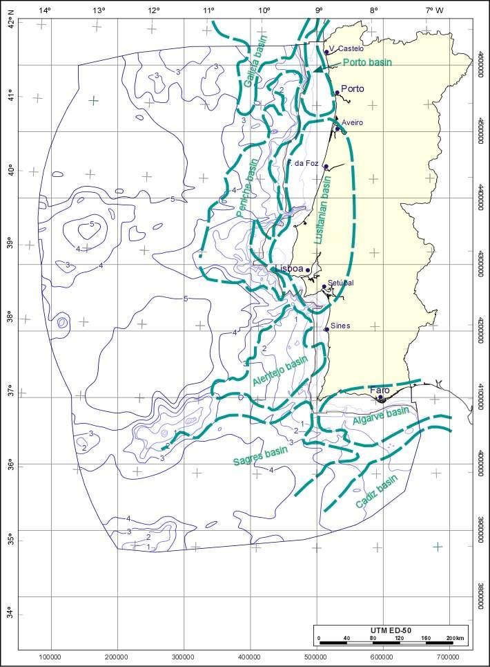 Perspetivas Bacias Meso-Cenozóicas: (N para S) Bacia do Porto: Bacia da Galiza*: Bacia Lusitânica: Bacie de Peniche: approx. mais de approx.