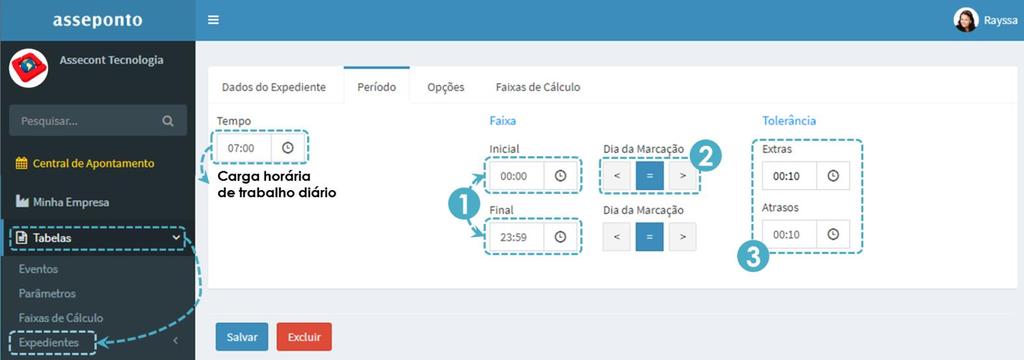 26 6.6.2. Período Quando a faixa se refere ao dia seguinte é necessário selecionar a seta > para o sistema entender que as marcações realizadas no dia posterior referem-se ao expediente iniciado no