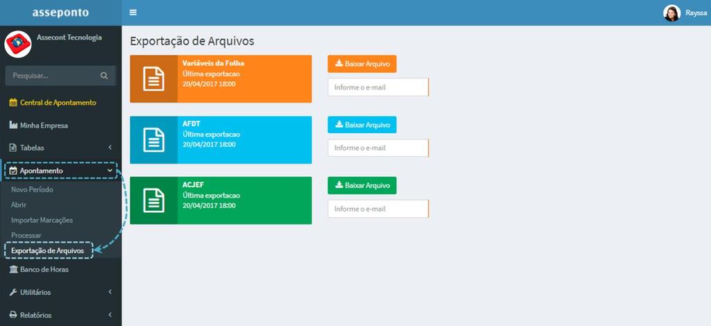 35 7.5. Exportação de Arquivos Em Apontamento >> Exportação de Arquivos é possível gerar os arquivos da portaria.