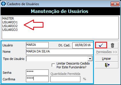 38.0 - Como criar uma nova conta do sistema além do padrão MASTER? 38.1 Para criar uma nova conta de acesso ao sistema, clique na aba Configurações e em seguida Usuários. 38.2 Abrirá a janela Manutenção de Usuários.