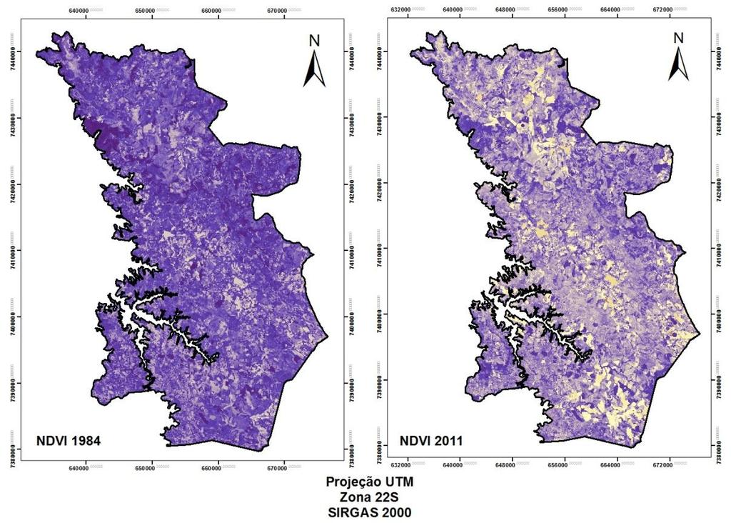 A Figura 5 ilustra os mapas de NDVI referente aos anos de 1984 e 2011.