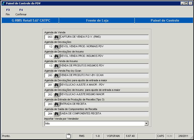 Agendas PDV Descrição do processo Painel de Controle PDV - Parâmetros Globais Configura os parâmetros globais (não são por Filial) do processo de exportação e importação do PDV.