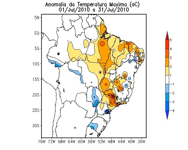 Figura 8 Anomalia de temperaturas máximas de julho de 2010.