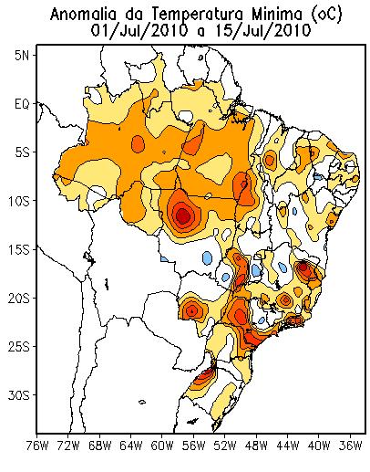 Figura 9 Anomalia de temperaturas mínimas de julho de 2010