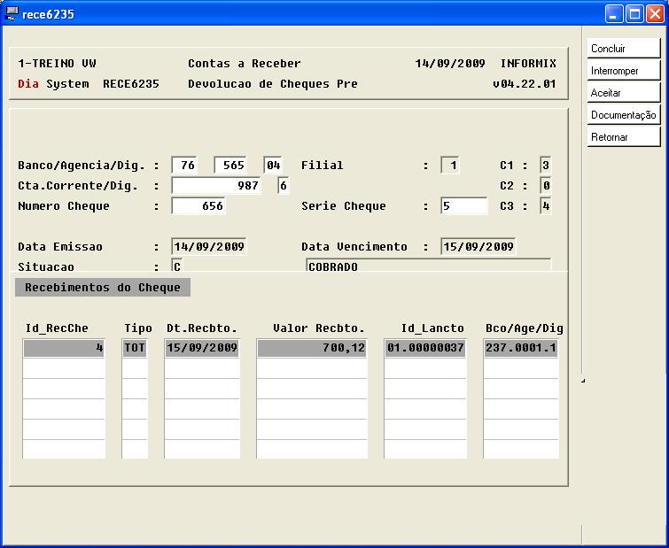 Tesouraria Capitulo 10 Devolução de cheque Para informar a devolução do cheque usamos o programa