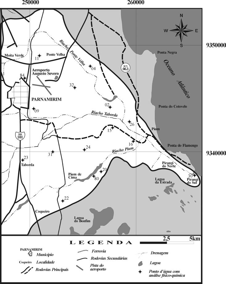 Figura 2 Localização dos poços, inseridos no setor oriental da bacia do Rio Pirangi, com coleta de amostras para análise físico-química.