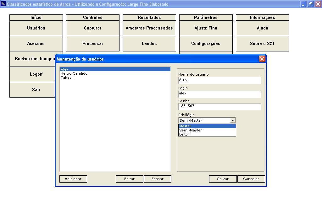 Menu Início O menu Início é composto por cinco opções: Usuários, Acessos, Backup de Imagens, Logoff e Sair.