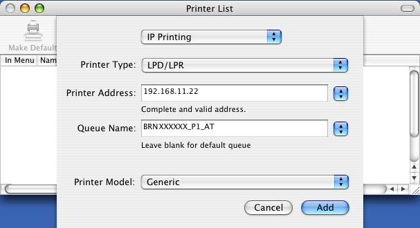 Impressão em rede em Macintosh g Introduza o endereço IP da impressora na caixa Address (Endereço).