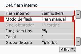 Fotografia com Flash Sem Fios PersonalizadoN Definir a Saída do Flash Manualmente para Fotografia com Flash Sem Fios Se [Modo de flash] estiver definido para [Flash manual], pode definir a