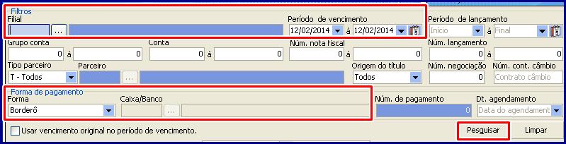 2.2. Na caixa Filtros, informe a Filial, o Período de vencimento e demais filtros, conforme necessidade. 2.3.