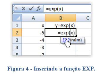 3) A seguir, conforme ilustrado na figura 4, aplique a função EXP para a primeira célula de saída (B2).