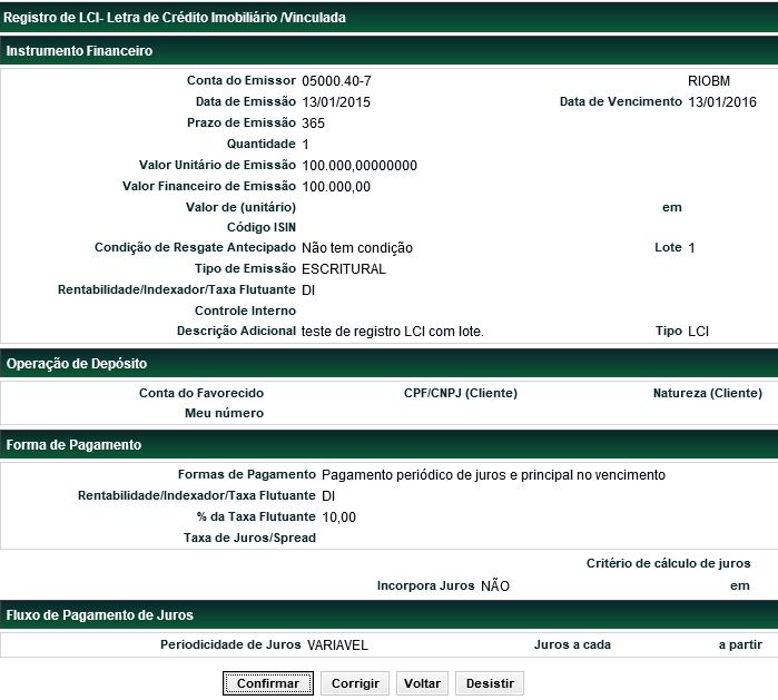 Tela de Registro de LCI - Confirmação Confirmando os dados, é