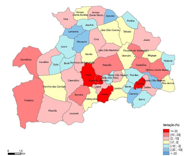 Variação da população residente por freguesia, 20