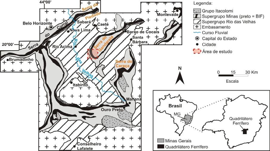 Figura 1 Mapa geológico do Quadrilátero Ferrífero e de localização da área de