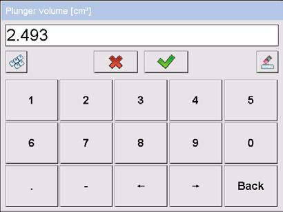 Volume do deslocador Escolher a posição <Plunger volume>. Entrar o volume do deslocador e confirmar pressionando a tecla.