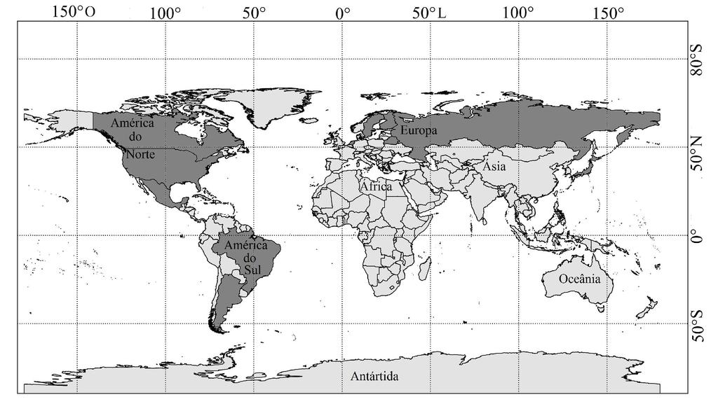 458 De-Carli et al. Figura 3. Mapa da distribuição do rotífero Kellicottia bostoniensis. Áreas em cinza escuro mostram os registros. Figure 3. Distribution map of the rotifer Kellicottia bostoniensis.