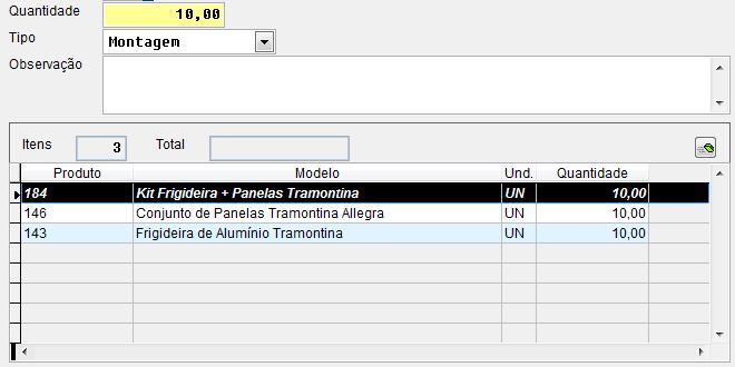 M não for cadastrada previamente e/ou quando o lançamento dos itens complementares que irão compor o produto