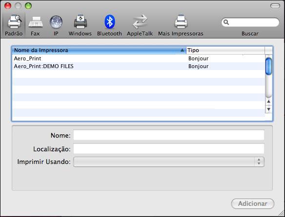 MAC OS X 18 PARA ADICIONAR UMA IMPRESSORA COM A CONEXÃO PADRÃO (BONJOUR) NOTA: A configuração da impressora Bonjour funciona apenas se o EX Print Server estiver na mesma rede local (LAN) que o